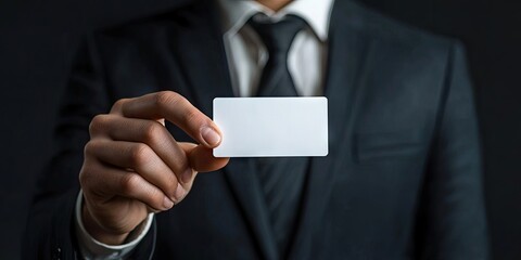 Fototapeta premium Businessman indicating a white blank card.