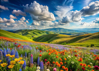 Vibrant wildflowers of every color sprawl across lush rolling hills under bright blue sky. scene captures beauty of nature, evoking feelings of joy and tranquility