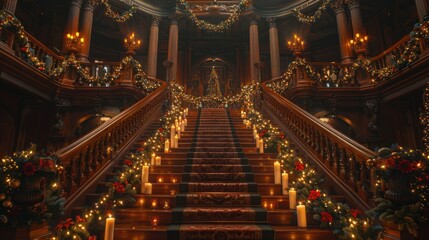 Majestic grand staircase adorned with extravagant Christmas ornaments garlands and candles in the opulent ornate interior of a historic palace or castle  The lavish baroque style decor creates a warm