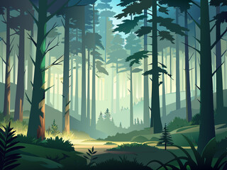 fog in the forest ,Forest landscape with coniferous trees and fog. Vector illustration.
