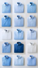 A variety of white and blue dress shirts are arranged in rows, from left to right