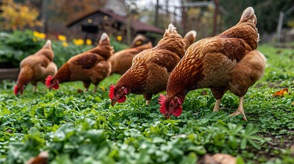 Fototapeta premium Chickens Grazing in Lush Green Pasture