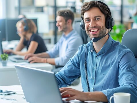 Smiling Customer Support Representative Working at a Desk