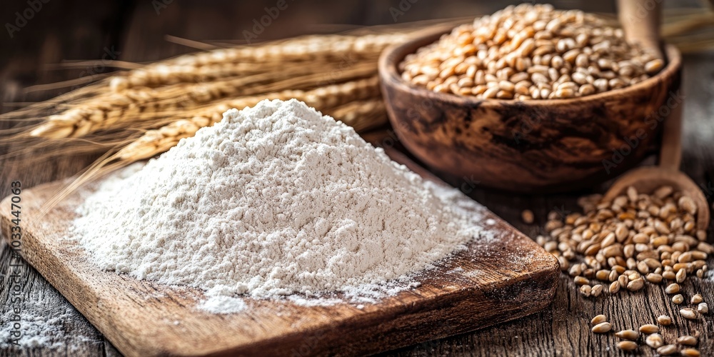 Poster mound of flour on a cutting board with ears of grain and grains in a bowl on a wooden table.