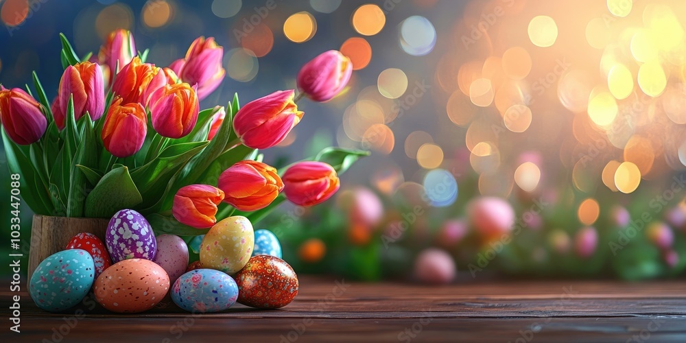 Poster easter theme backdrop. vibrant tulips and easter eggs. wooden table and background. lovely bokeh. sp