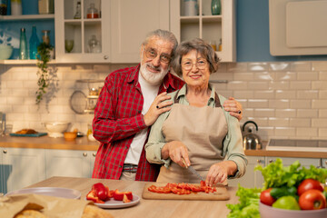 in a bright kitchen an elderly woman in a light green shirt with her husband are preparing healthy dinner cutting vegetables looking at the camera