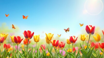 Obraz premium Vibrant tulip field with colorful flowers and butterflies against a clear blue sky