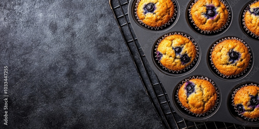 Poster overhead close-up of blueberry muffins in a nonstick cupcake tin placed on a wire cooling rack, with