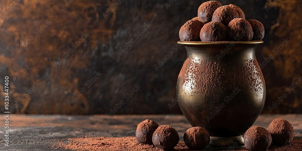 Poster chocolate truffles in an aged brass vase dusted with cocoa powder. copy space.