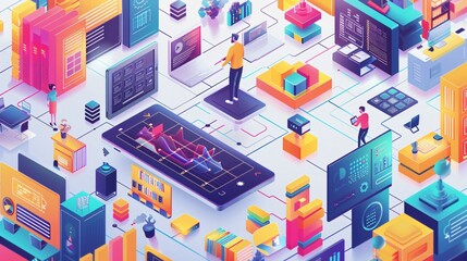 Obraz premium An illustration of a male businessman in a diverse office environment, showcasing a vibrant workplace filled with professionals. This image highlights the essence of collaboration and inclusivity in t