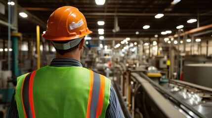 Industrial worker observing factory operations, safety gear, machinery background