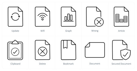 A set of 10 File icons as update, wifi, graph
