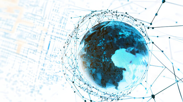A stylized digital globe with network lines on a white background with abstract square patterns, representing global connectivity