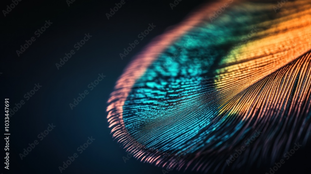 Poster a close-up of a colorful bird feather with a blurred background.