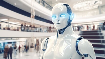 A futuristic robot with glowing blue eyes stands in a bustling mall, embodying the intersection of technology and daily human interaction.