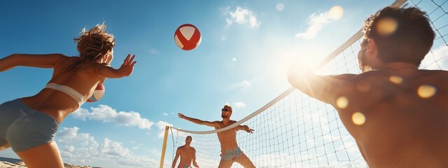Group of friends playing beach volleyball on a sunny day with a clear blue sky and fluffy white clouds