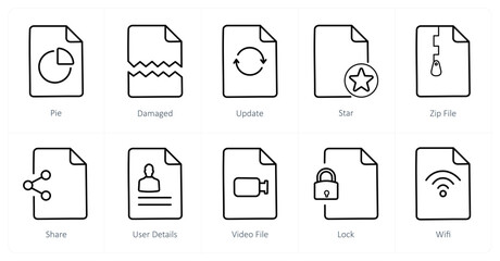 A set of 10 File icons as pie, damaged, update