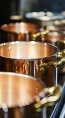 Fototapeta premium Creative Abstract Close-Up of Shiny Copper Cookware with Brass Handles in a Kitchen Setting, Showcasing Classic Cooking Tools, Reflecting the Concepts of Traditional Cooking, Craftsmanship, and Culin