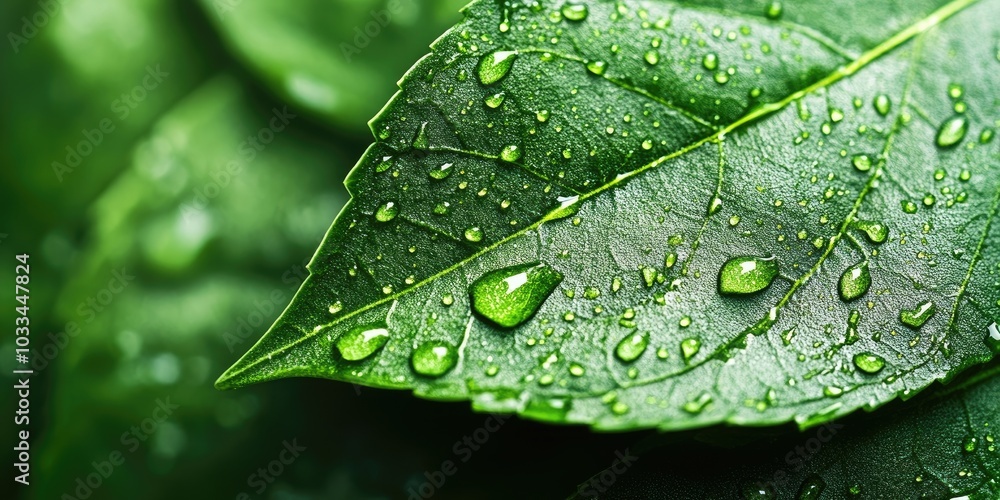 Aufkleber green leaf with water droplets and copy space. concept of environmental conservation. close-up macro