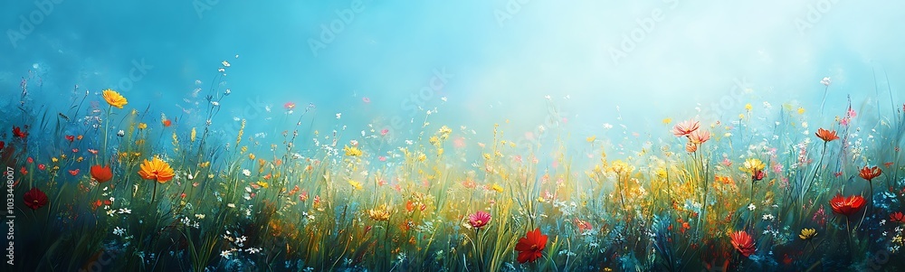 Poster a vibrant field of wildflowers stretches across a soft blue background, creating a serene and colorf