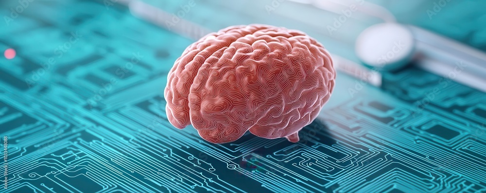 Poster a surreal depiction of a brain resting on a circuit board, symbolizing the intersection of neuroscie