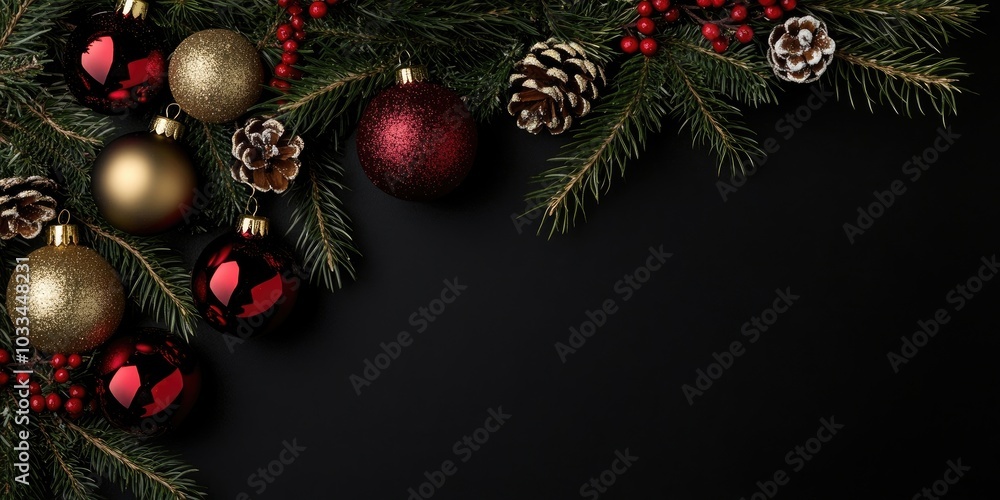 Aufkleber a decorative branch of a christmas tree adorned with new year's ornaments and a garland against a bl