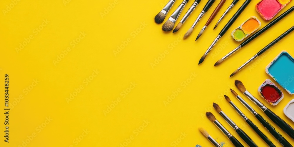 Poster Flat lay of art accessories on a yellow background with empty space for text. Top view. Copy space.