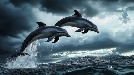 Obraz premium Captivating Moment of Dolphins Leaping Over Ocean Waves