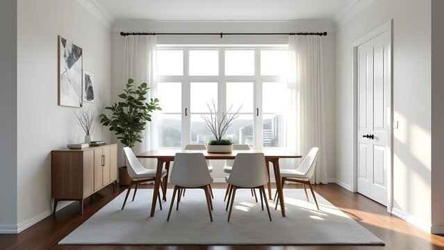 Country living scene of a modern dining room with white walls and marble accents. the room is empty with no furniture but has a large window looking out onto the city.