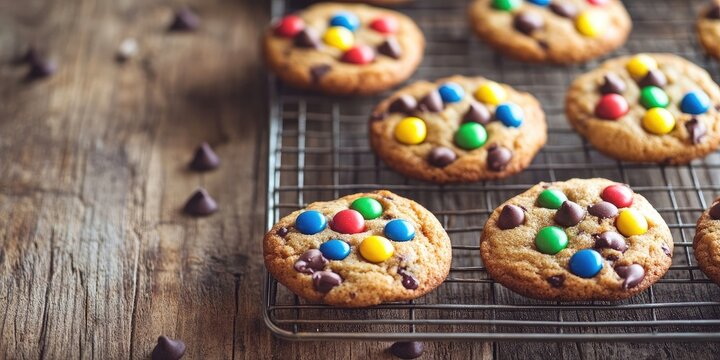 Cookies topped with colorful candies and chocolate chips on a wire rack. Wooden background. Copy space. Toned.