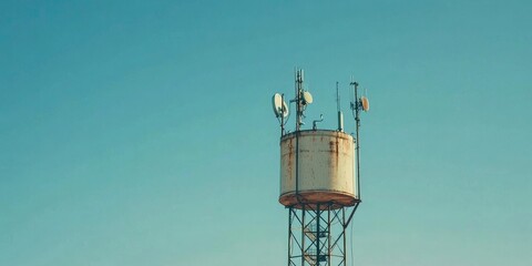 Water tank tower topped with telephone repeater antennas against a blue sky. Copy space