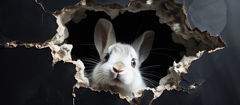 Bunny peeking out of a hole in dark wall. Easter bunny rabbit breaking through background