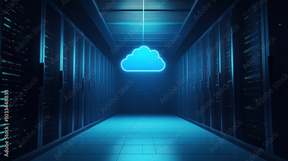 Poster cloud computing data center with illuminated cloud icon, server racks, blue lighting