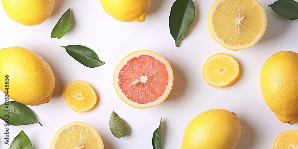 Poster citrus fruits, such as lemons and grapefruits, on a white mockup with a top view for copy space.