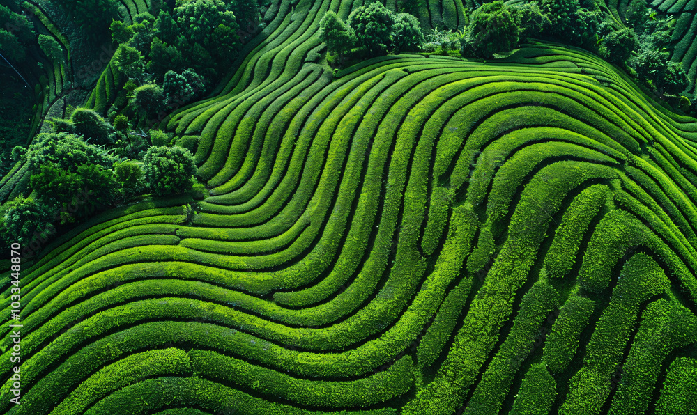 Poster aerial view of a tea plantation with a pattern in the shape of lines and circles on a green field ba