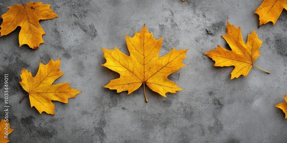 Poster autumn theme. yellow maple leaves positioned in the center of an image on a gray concrete backdrop. 