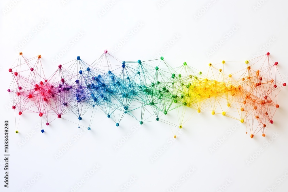 Poster modern conceptual web line connection of color yarn from nail node to node on white background , net