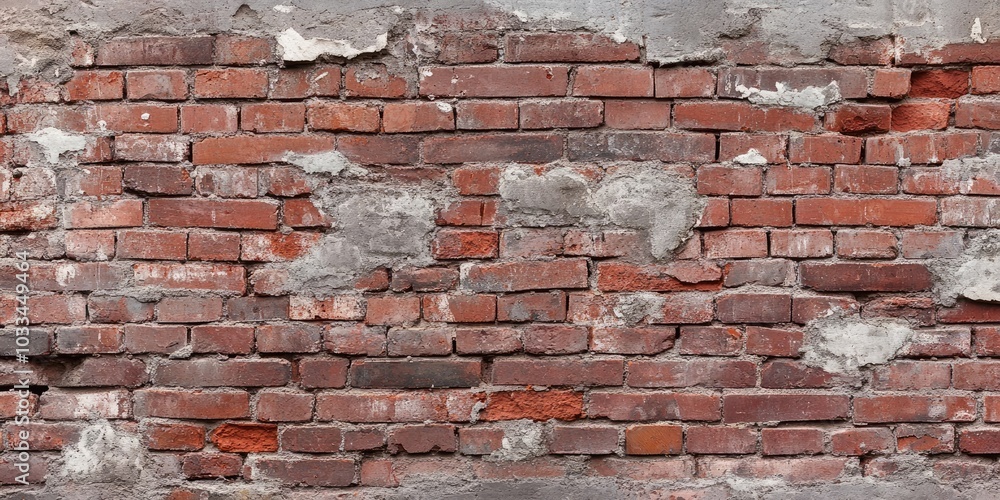 Poster old, deteriorated red brick wall. panoramic texture of the brickwork.