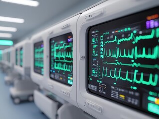 A series of medical monitors display vital signs and waveforms in a clinical environment, emphasizing healthcare technology and monitoring.