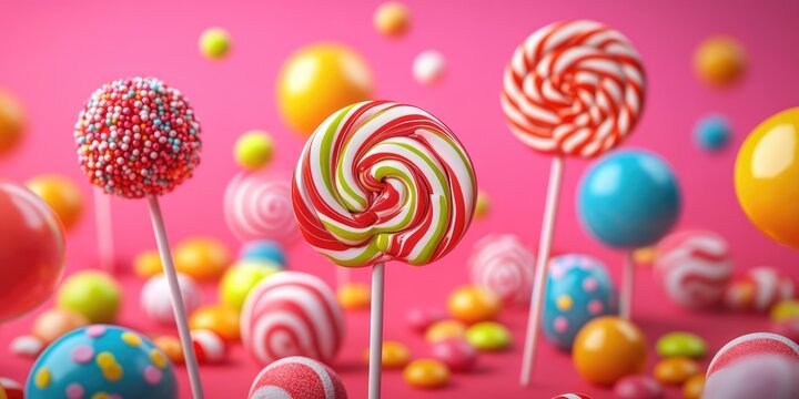 Vibrant lollipops and variously colored round candies