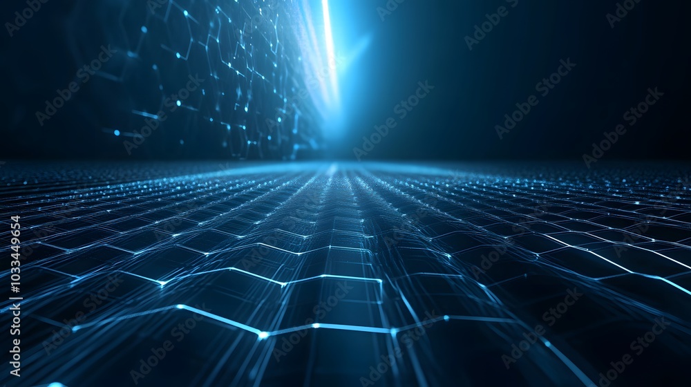 Poster abstract blue digital network with hexagon pattern and glowing lines