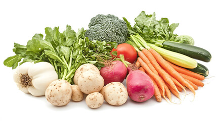 German January Harvest, vibrant seasonal vegetables displayed on a clean white background, showcasing winter's bounty and freshness.
