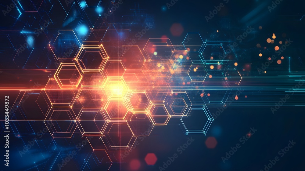 Poster abstract digital background with glowing hexagons and lines