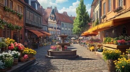 Charming village square with fountain, flowers, and colorful buildings under a sunny sky