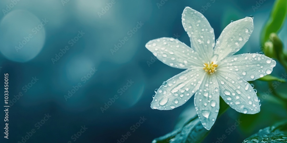 Poster white flower with water droplets on a natural background featuring copy space.