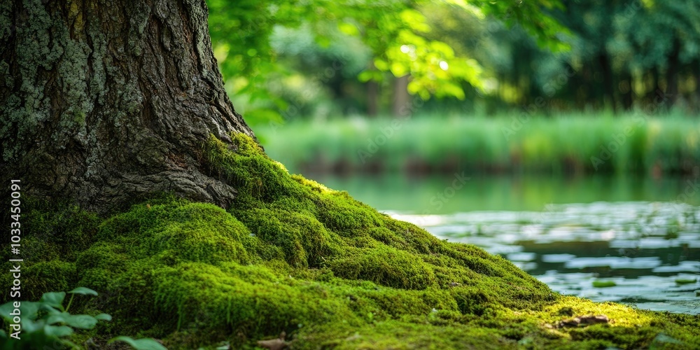 Leinwandbilder close-up view of a tree trunk completely covered in vibrant moss near the pond with ample copy space