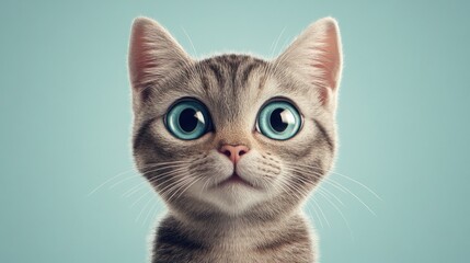 Obraz premium A close-up portrait of a cute tabby kitten with big blue eyes looking directly at the camera against a blue background.