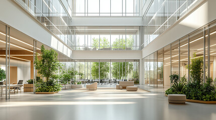 Modern building interior hall, green plant, bright, foyer