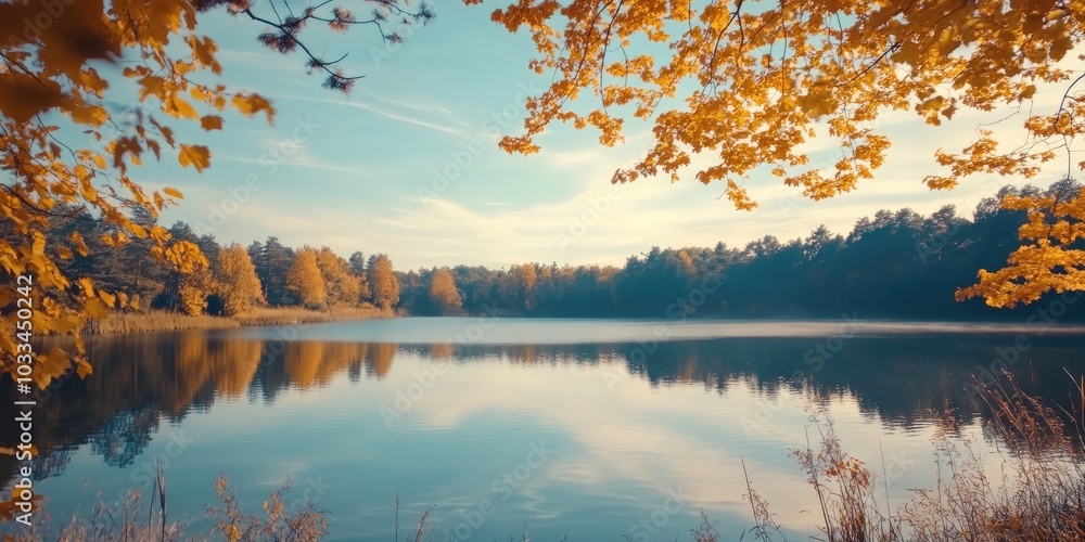 Poster autumn scenery featuring a reservoir amidst golden foliage. natural backdrop with copyspace for text