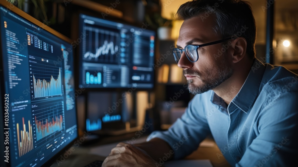 Poster data analysis, man focused on financial graphs and statistics on multiple screens
